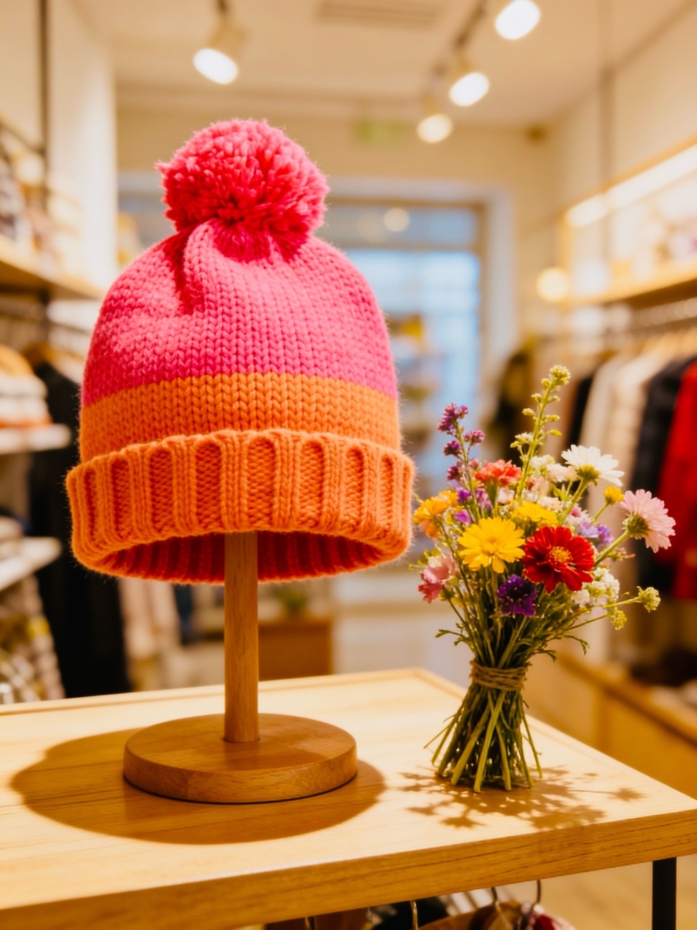 Pink & Orange Pom Pom Beanie Hat